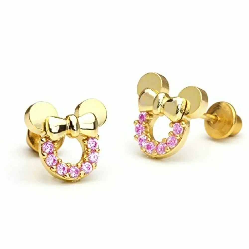 New Kids Girls Earrings gold plated CZ Pink Mouse.